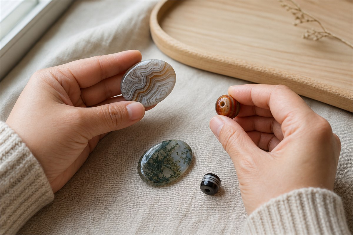 Hands comparing several agate cabochons with different banding, colors, shapes, and surface character in daylight