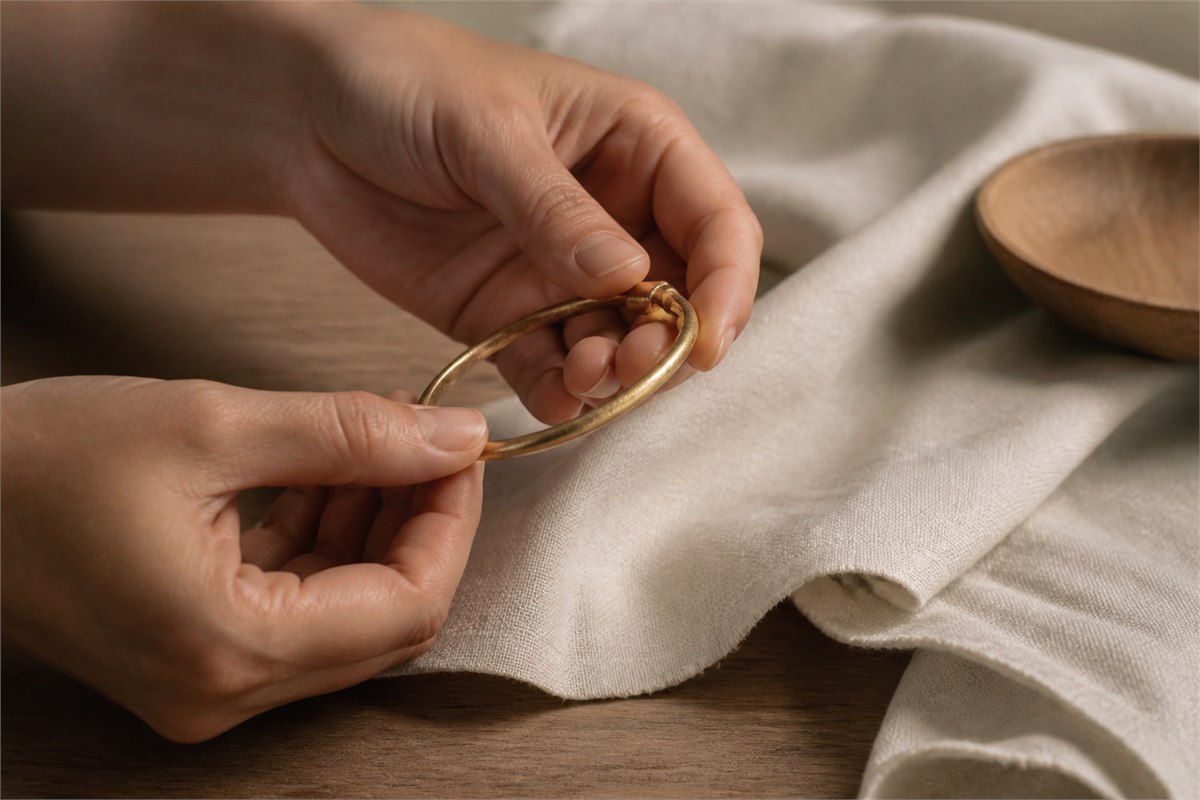 Hands checking the clasp and smooth edge of a matte ancient-style gold bracelet