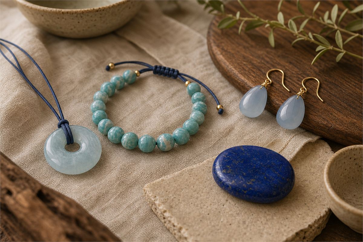 Aquamarine pendant, amazonite bracelet, blue chalcedony earrings, and lapis pocket stone on linen