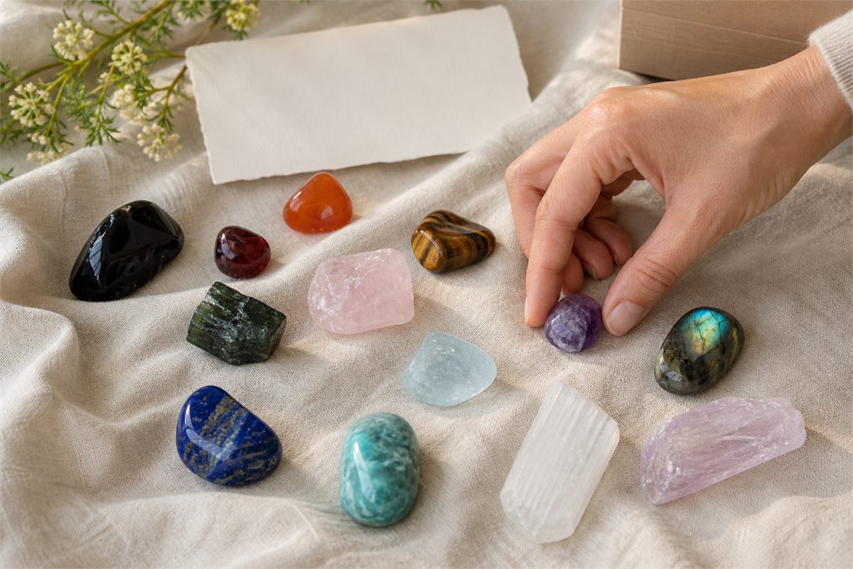 A hand choosing an amethyst from a varied collection of natural stones on ivory linen