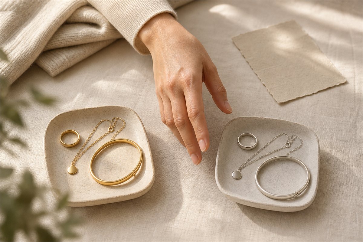 A hand choosing between two neutral trays holding wearable gold and silver jewelry beside everyday clothing