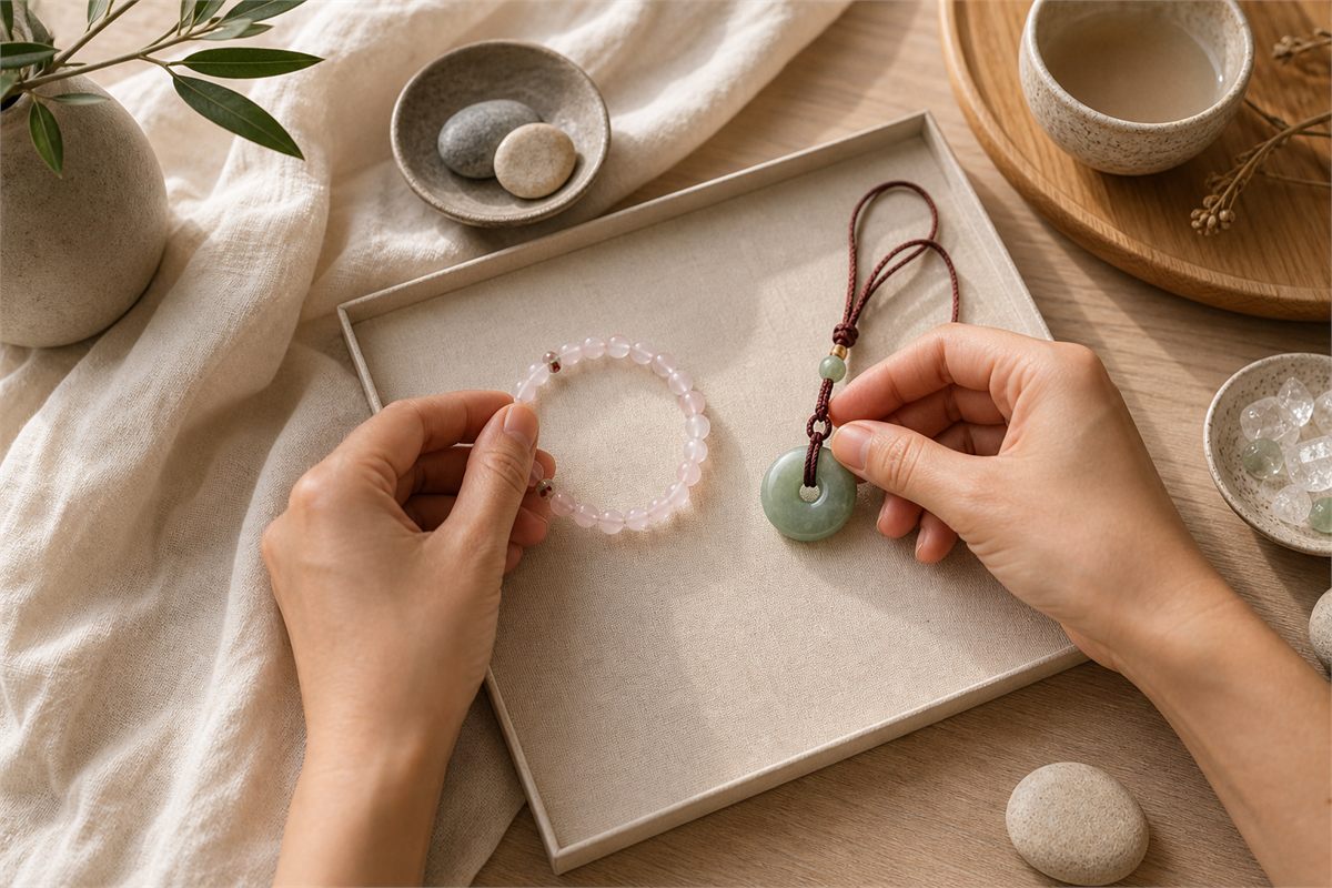 Hands comparing a rose quartz bracelet with a green jade pendant on a cord