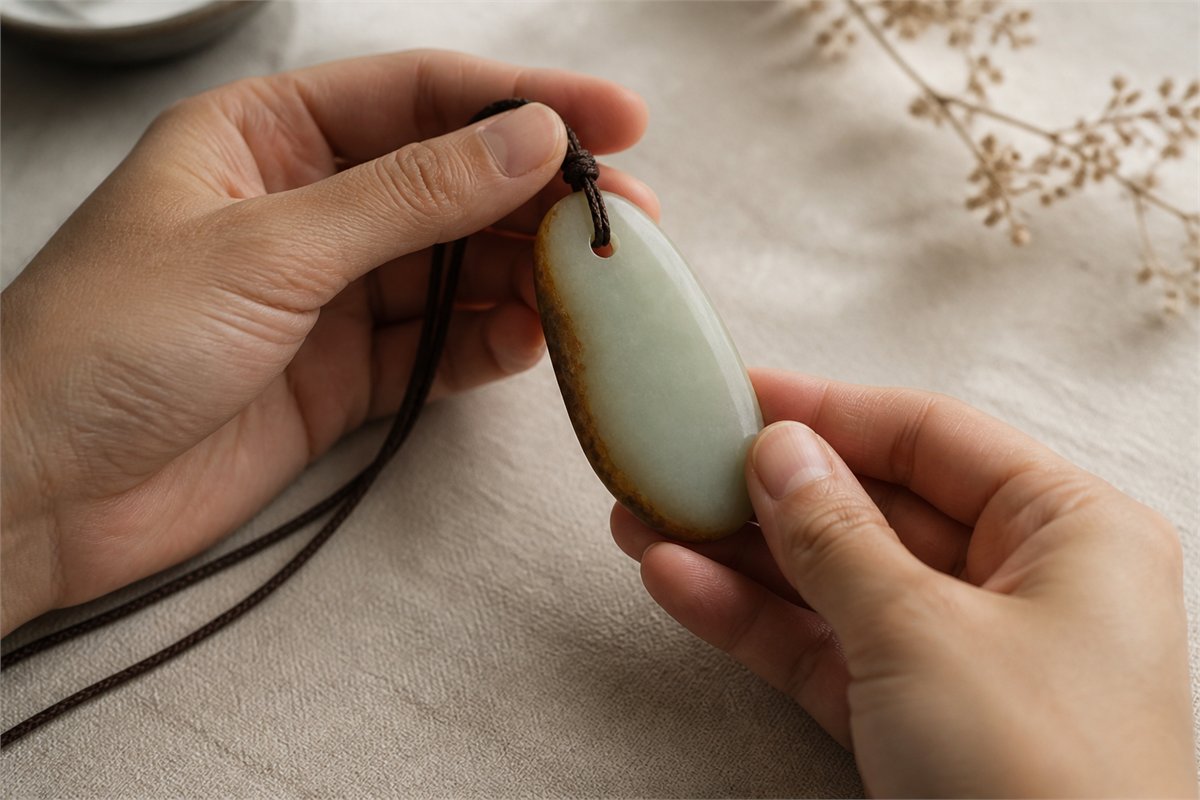Two adult hands rotating an irregular pale jade pendant to view its face, edge, hole, and cord