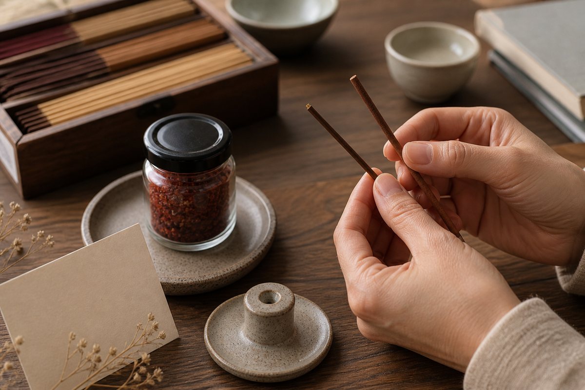 Adult hands compare a bamboo-core stick and a coreless stick beside a sealed jar of dry red resin