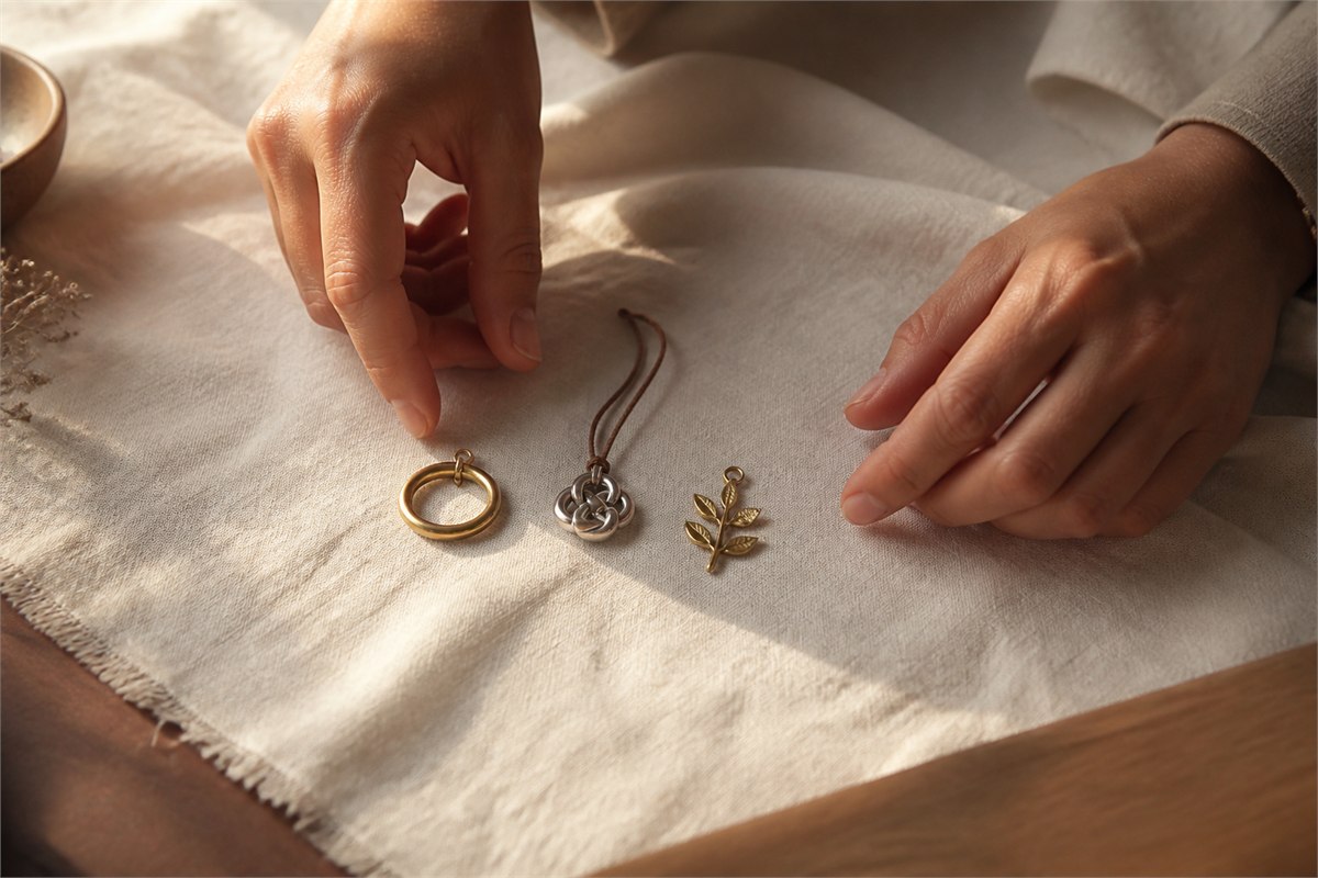 Hands considering three simple pendants on warm ivory linen in natural light.