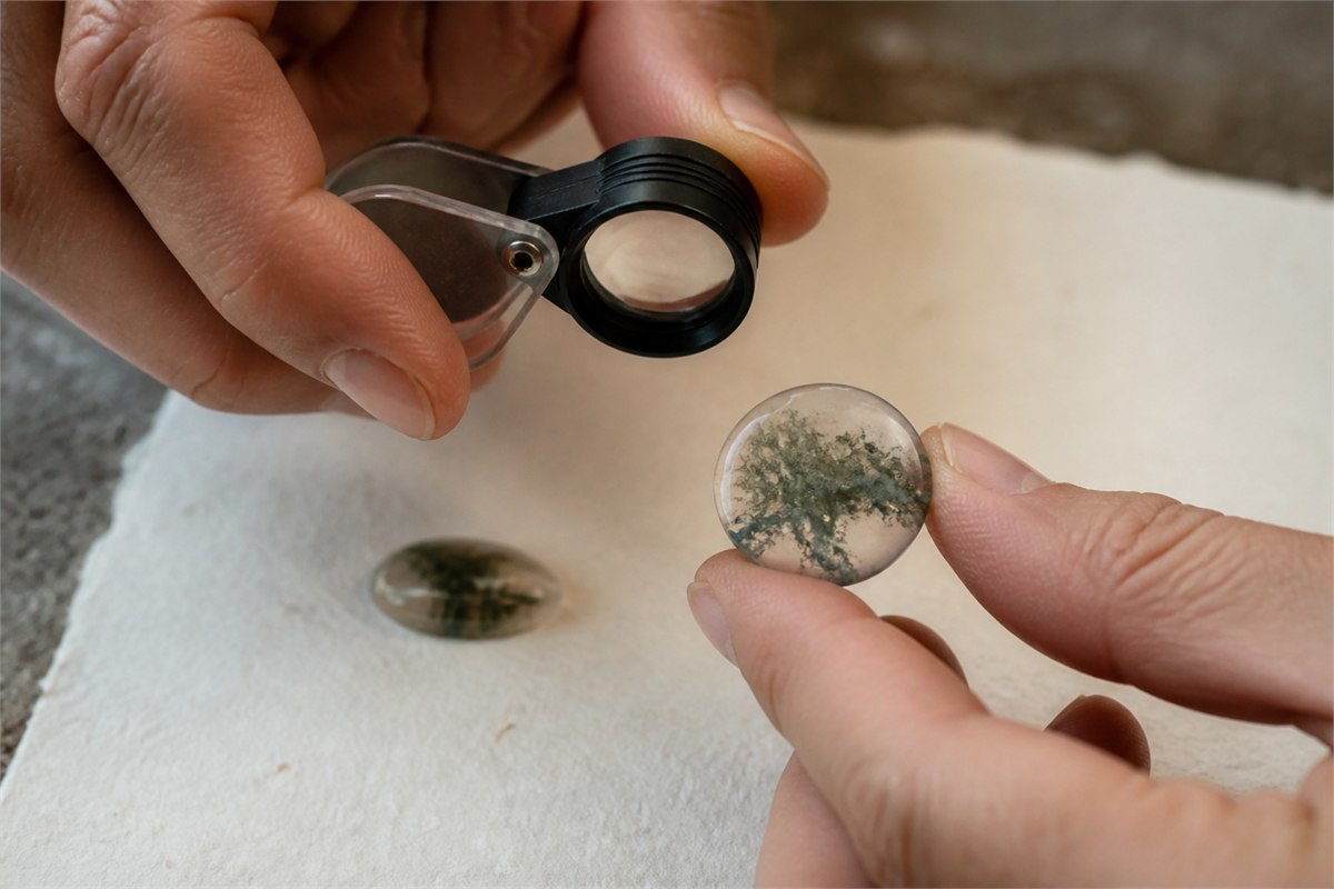 Hands examining a round moss agate cabochon with a jeweler loupe