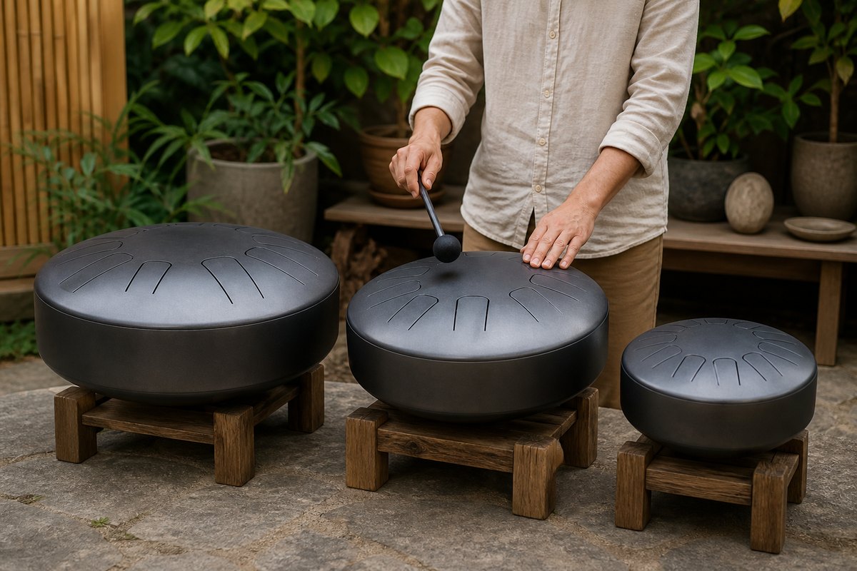 Person comparing three matte metal rain drums of different sizes with a soft mallet