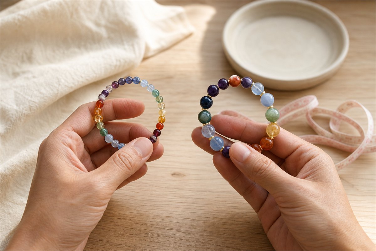 Adult hands comparing two seven-color bracelets with a measuring tape nearby