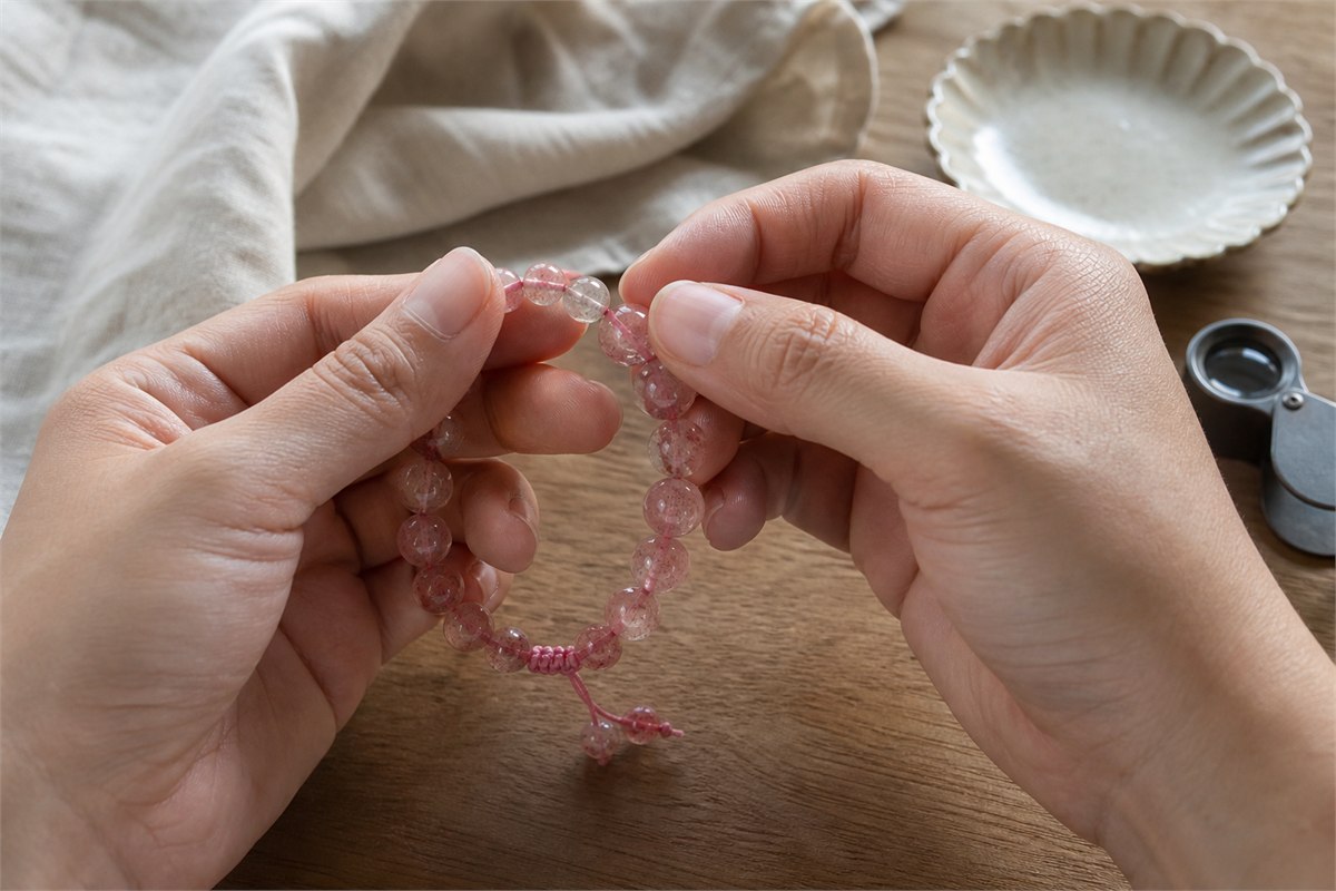 Hands examining the beads, drill holes, and cord of a strawberry quartz bracelet