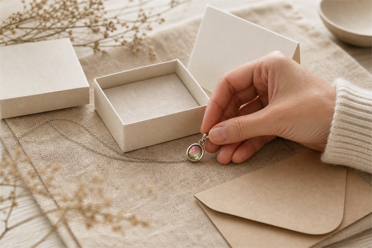 Hand inspecting a bi-color tourmaline pendant beside neutral packaging and an envelope