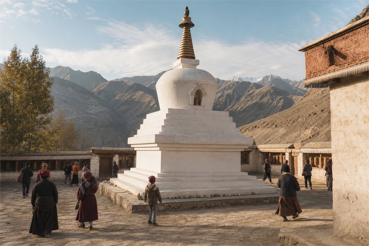 People walking quietly around a white Tibetan chorten in a mountain monastery courtyard