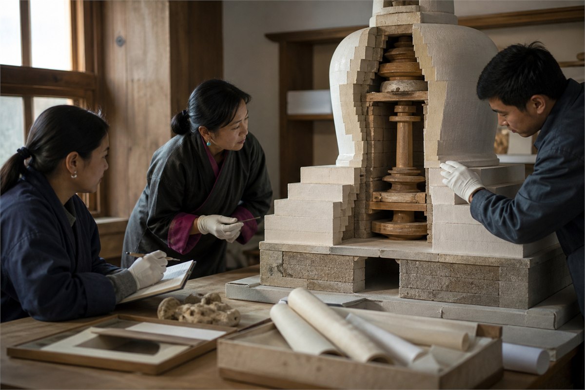 Gloved conservators examining a cutaway chorten reconstruction in a heritage workshop