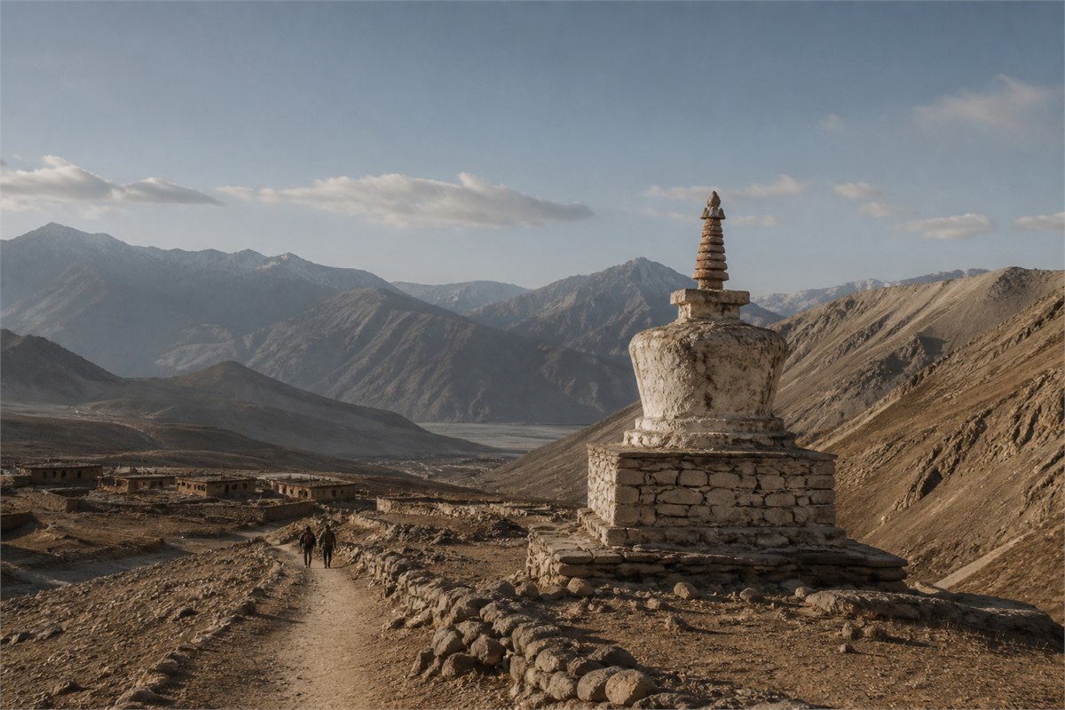 Weathered white chorten beside an old route in a broad Himalayan mountain landscape