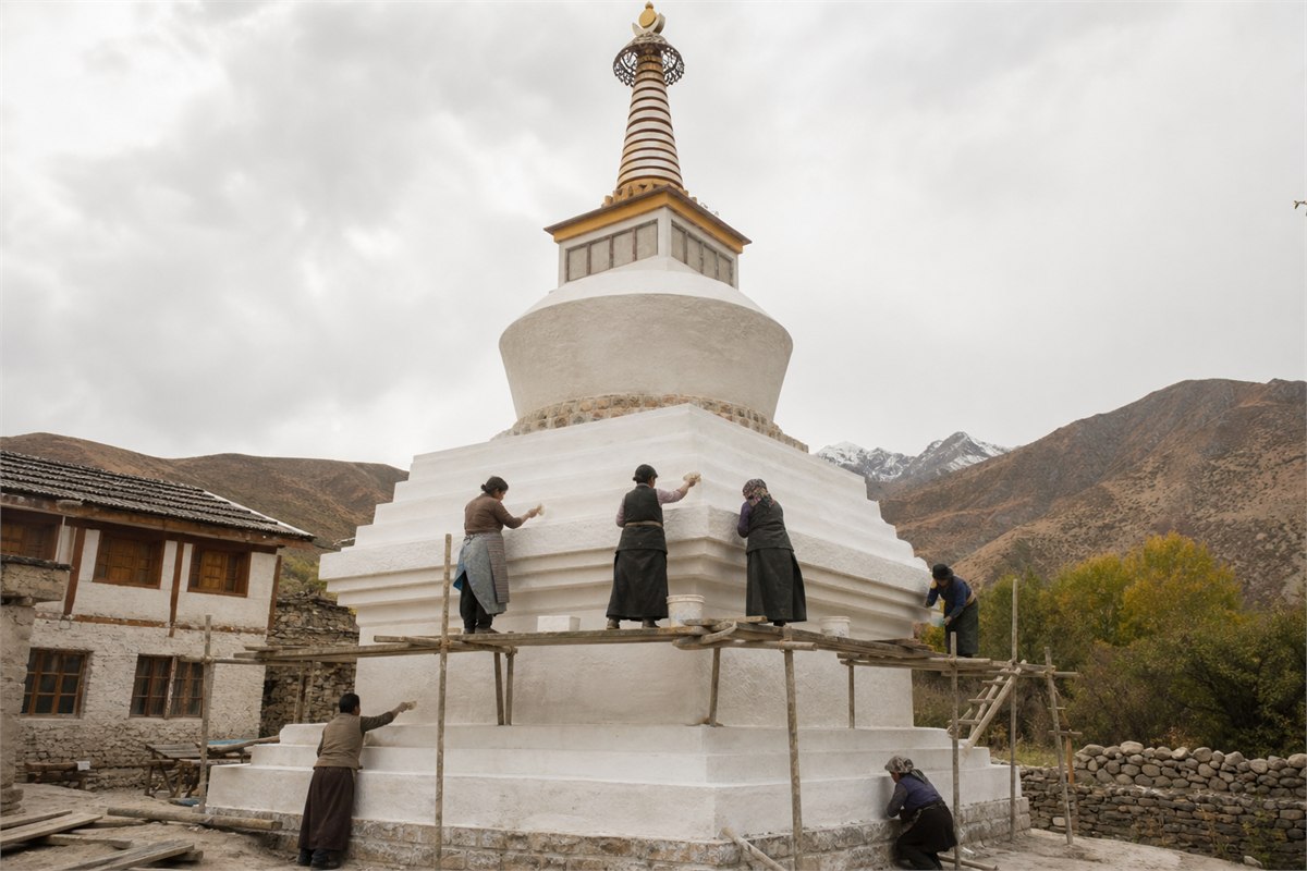 Local craftspeople renewing the white limewash on a Tibetan chorten