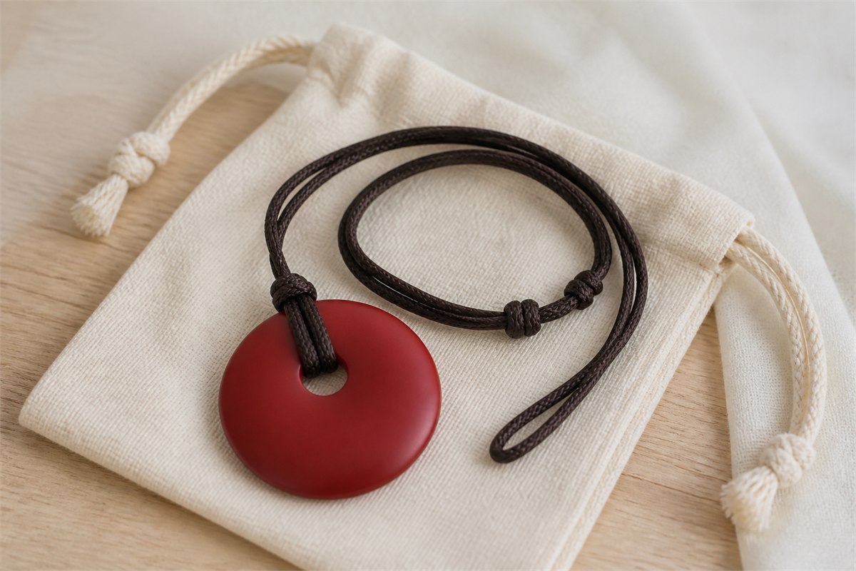 Intact matte red composite pendant on dark cord resting on a soft cream pouch