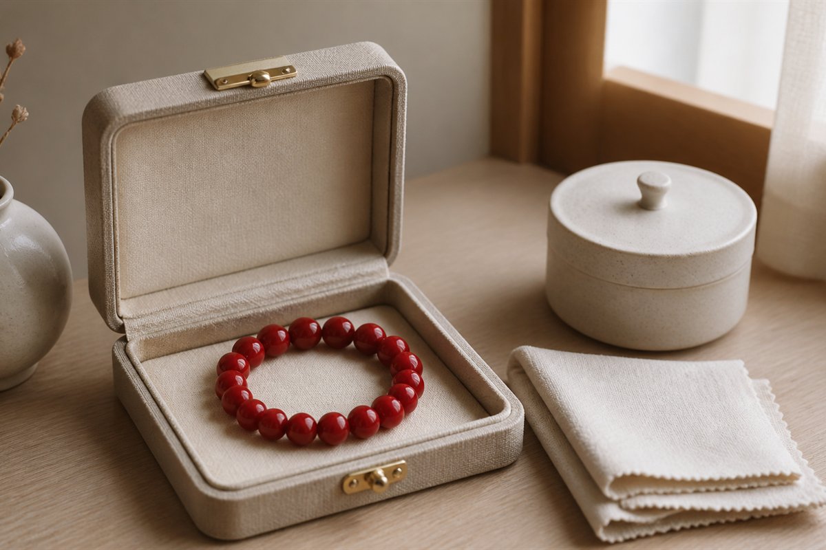 An intact red bracelet stored in a closed lined jewelry box away from a child’s hand and a resting cat.