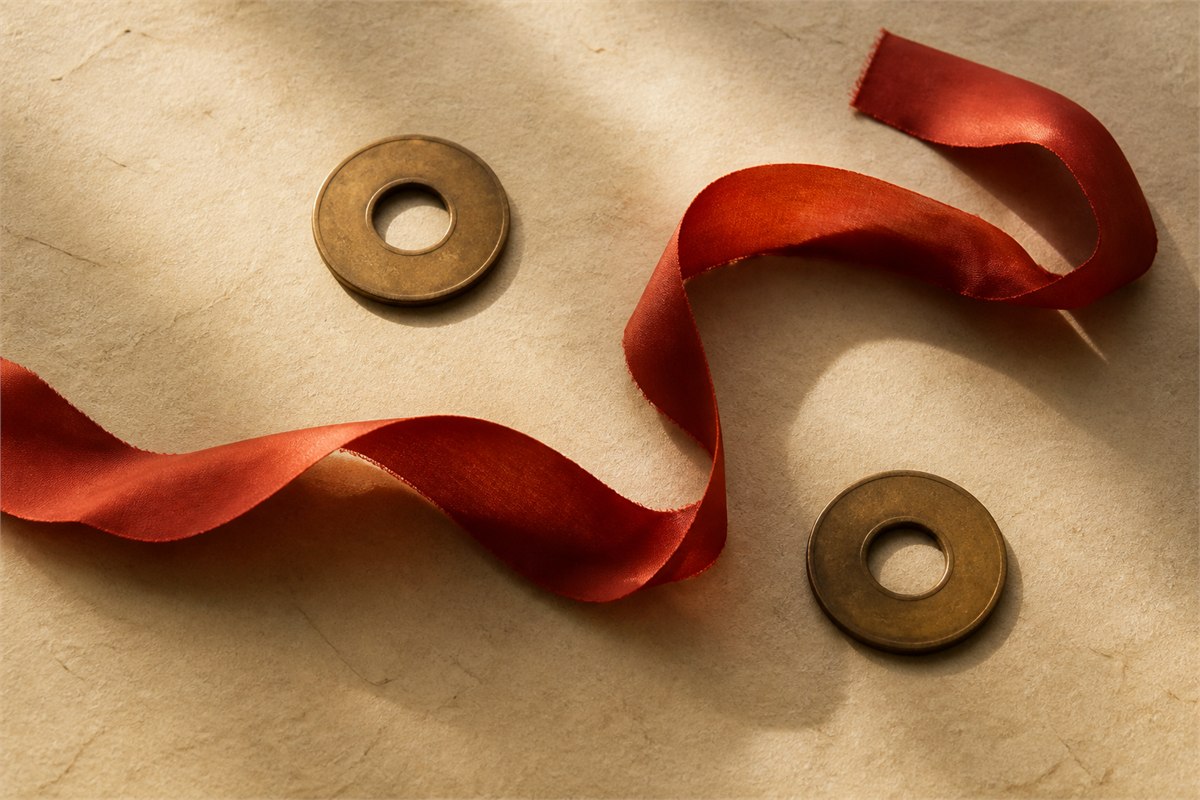 Two aged-brass discs and a flowing red silk ribbon on warm handmade paper