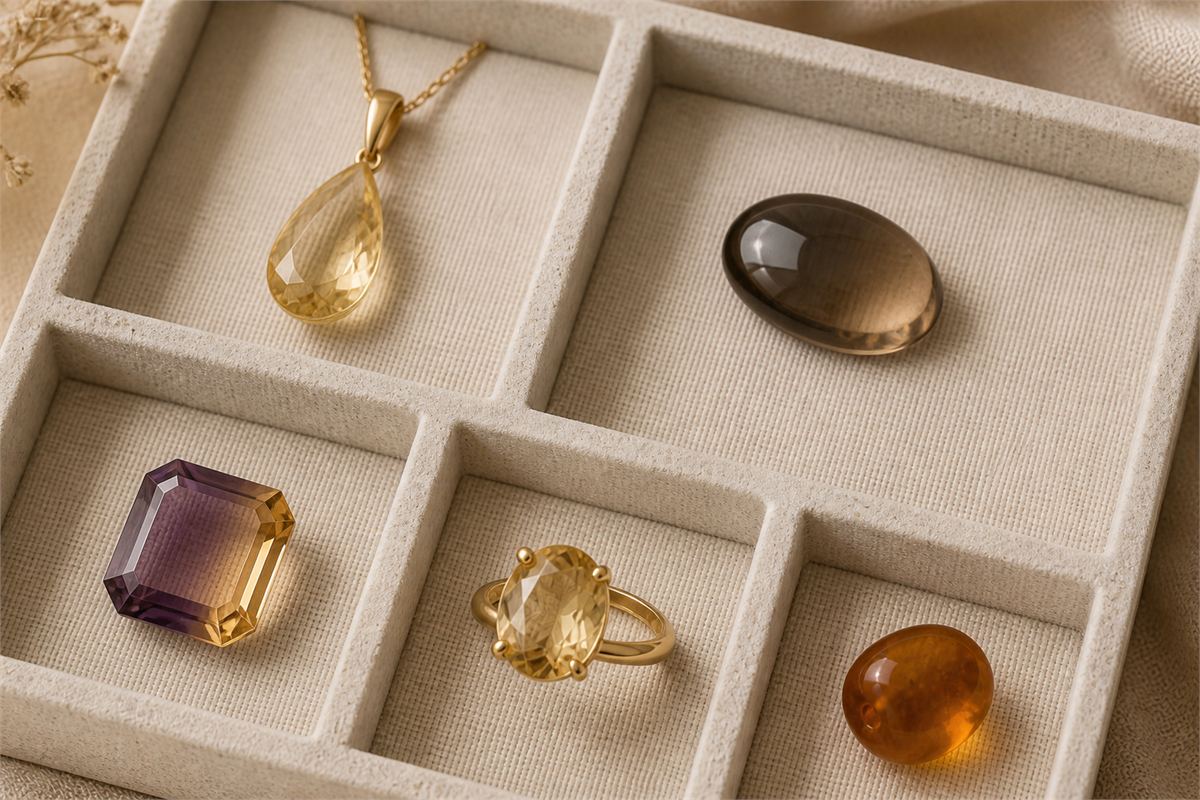 Separate pale yellow, smoky, bicolor, topaz-like, and amber jewelry pieces arranged on a neutral tray