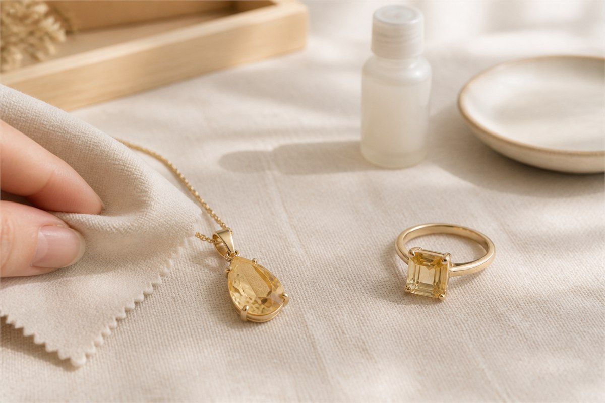Soft cloth beside a pale yellow quartz pendant and a separately placed yellow topaz ring