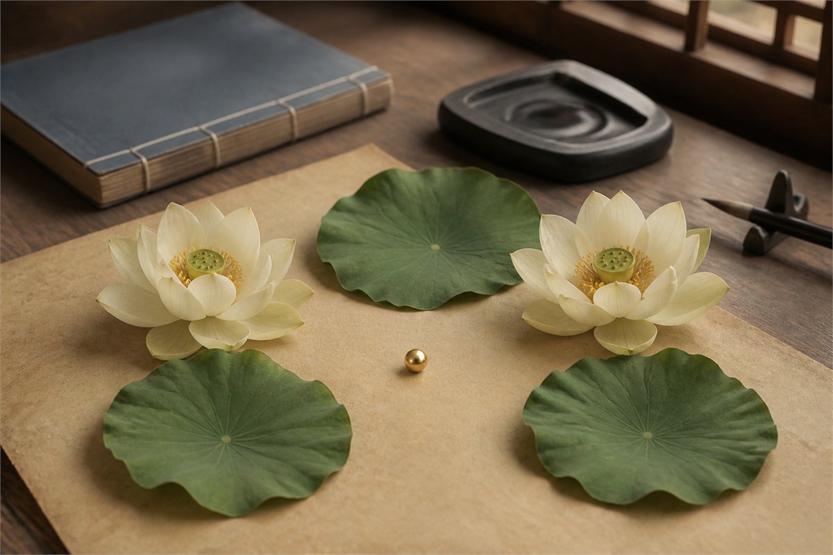 Two pale lotus flowers and three green lotus leaves arranged around a golden bead on a scholar's desk