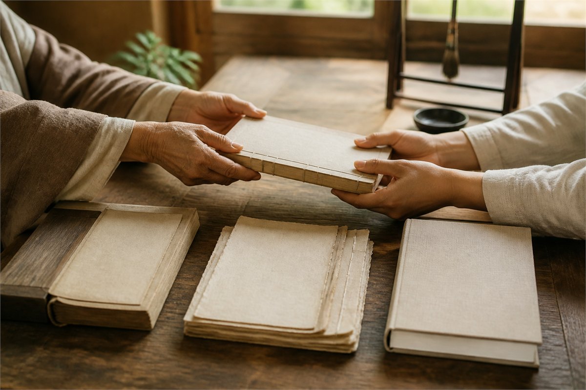 Hands pass a blank thread-bound book across a table with older and newer volumes