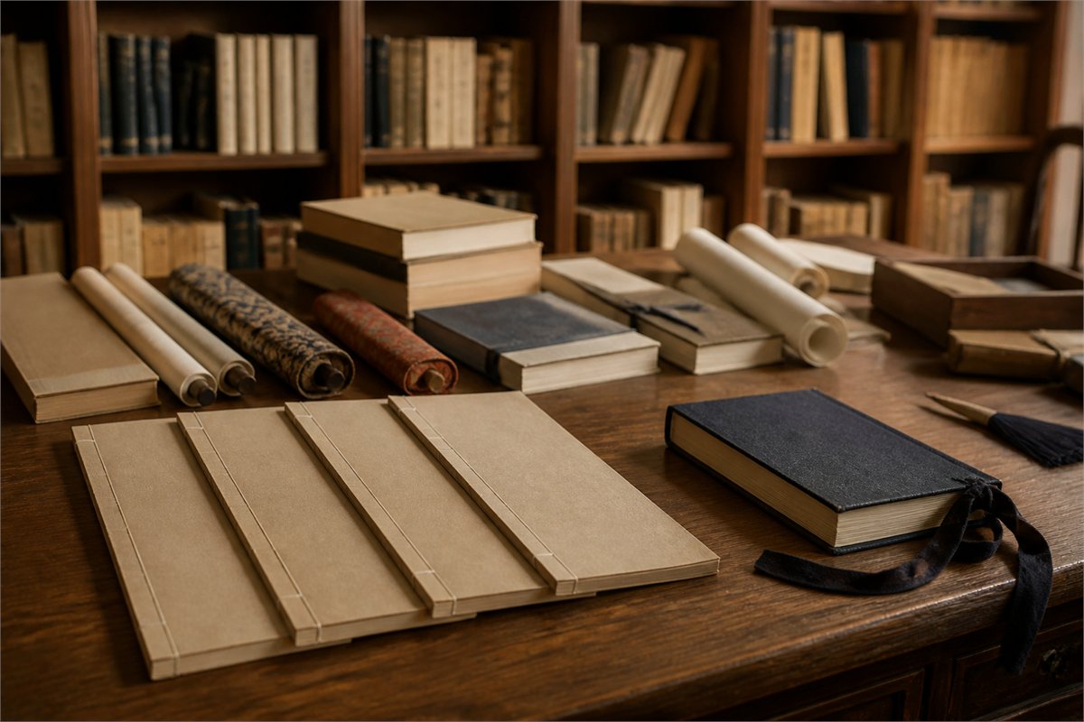 Four blank thread-bound books lead toward additional books and scrolls on a library table