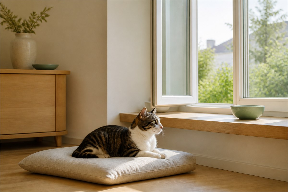 Tabby cat resting on a linen cushion beside an open window in a bright fragrance-free room
