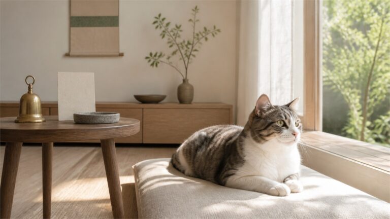 Tabby cat resting in sunlight near an open window with a brass bell, blank card and empty incense holder on a distant table