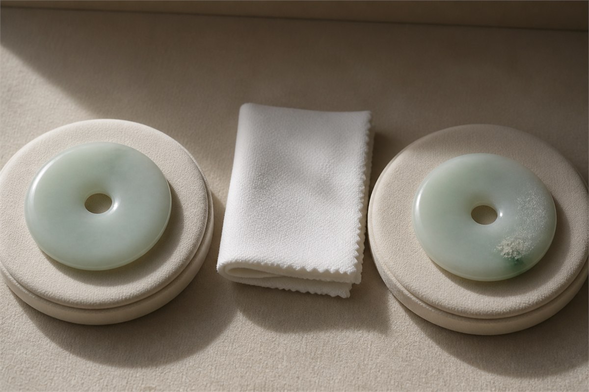Two modern jade discs sit on separate pads beside a soft cloth, one clean and one with a small dull residue patch.