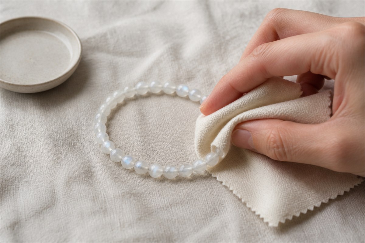 Hand gently wiping a white moonstone bracelet with a soft cream cloth