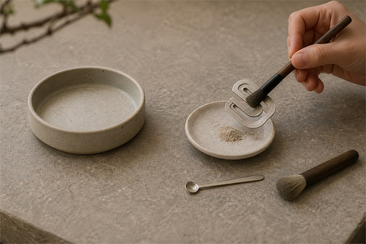 An adult hand brushing cool ash from a detached metal incense stencil over a ceramic catch dish