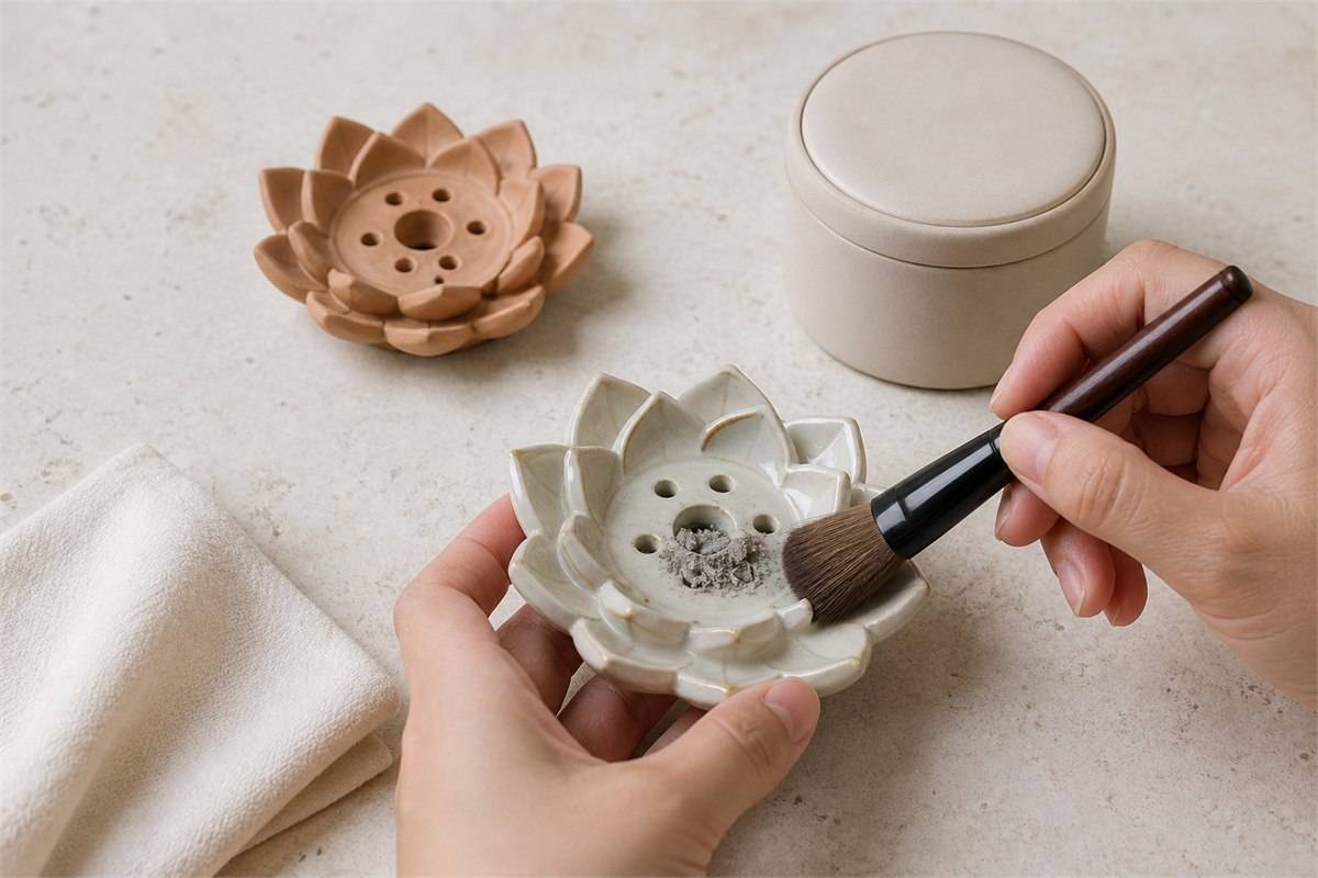 Adult hands removing cold ash from a glazed lotus holder with a soft brush