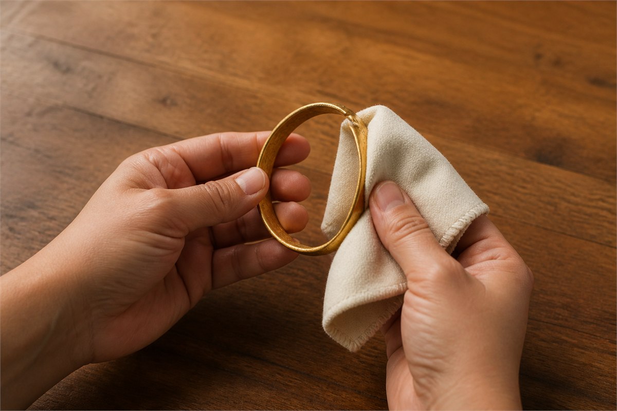 Hands gently wiping a matte gold bangle with a clean dry soft cloth