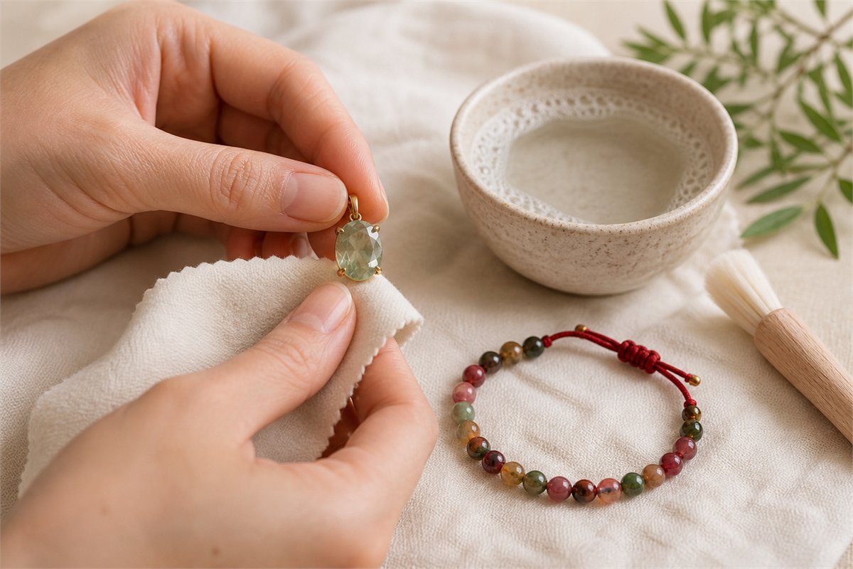 Hands wiping a green tourmaline pendant beside a multicolor bracelet and soft brush