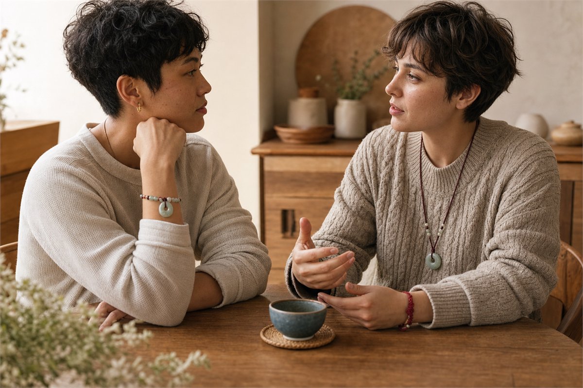 Two adults in a warm home conversation with one speaking and the other listening attentively