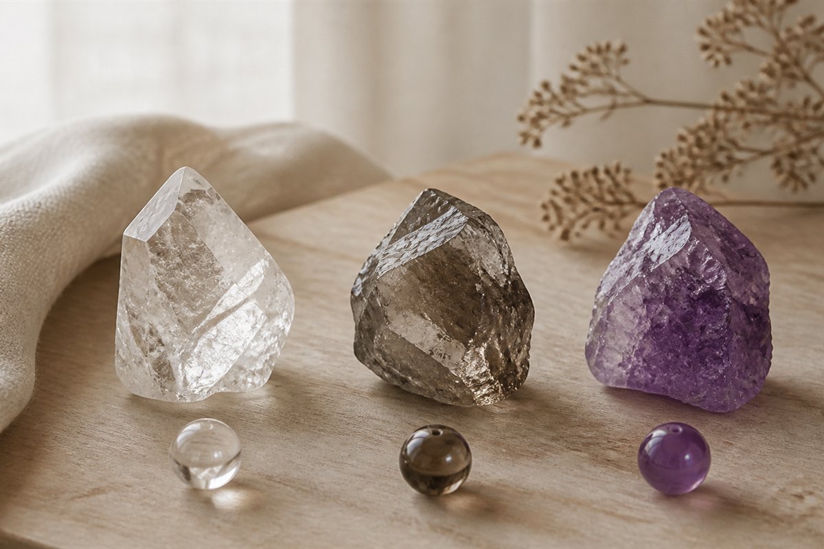 Clear quartz, smoky quartz, and amethyst stones arranged as three separate color groups.