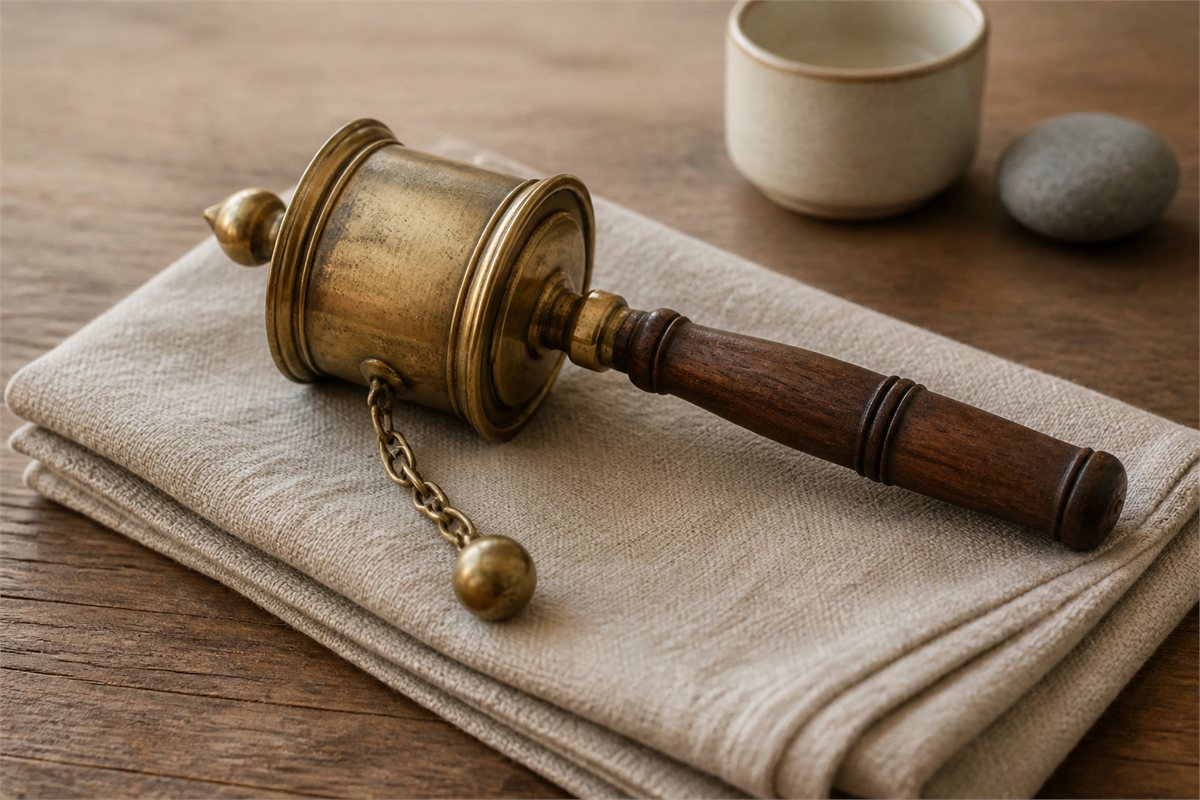 Closed brass prayer wheel showing its cylinder, wooden handle, spindle, and weighted chain