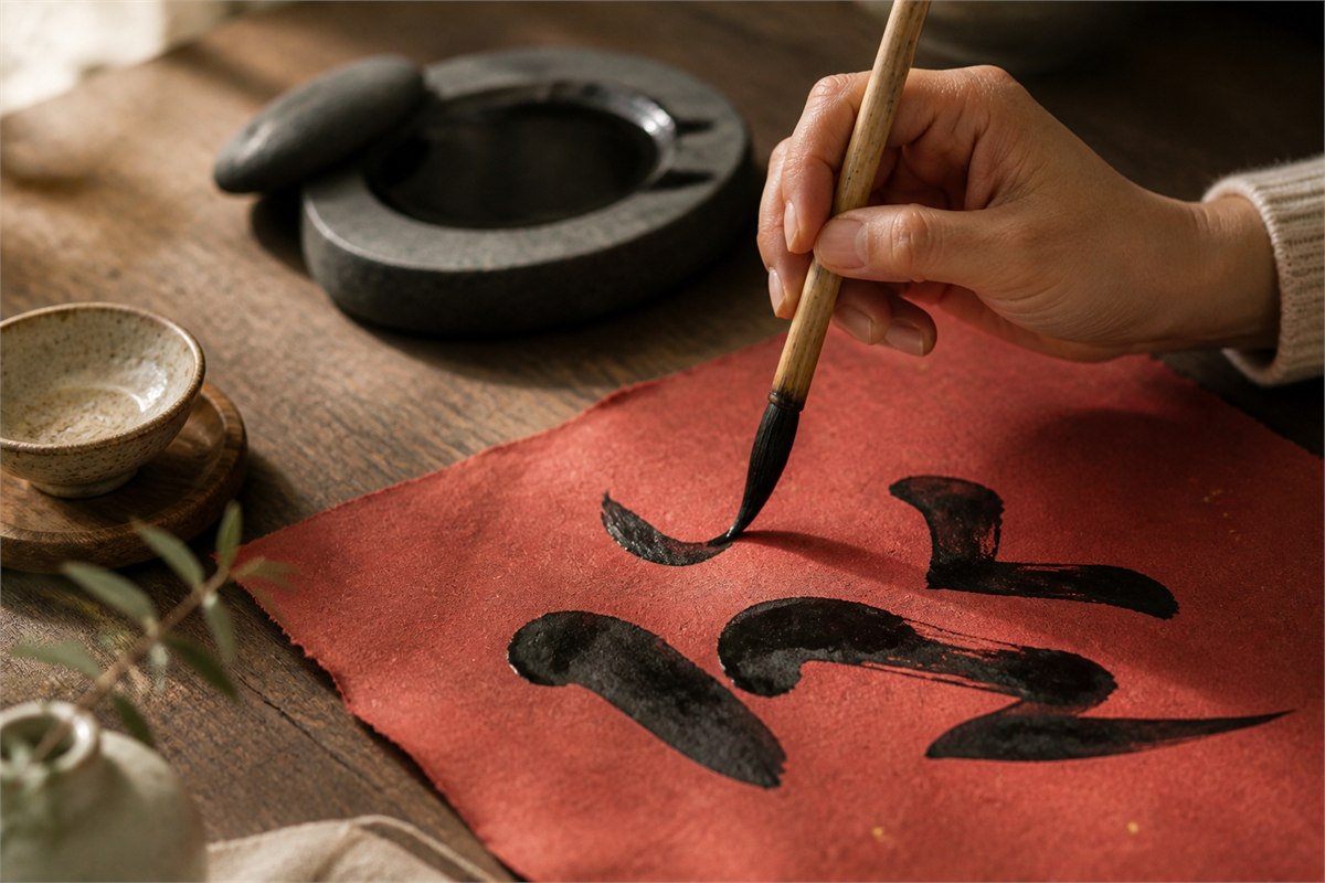 Hand guiding a calligraphy brush over red paper with incomplete abstract black strokes beside an inkstone