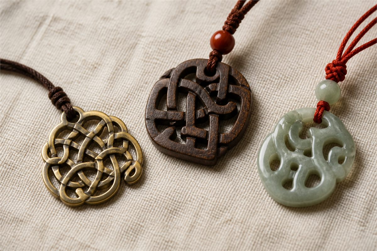 Three brass, wood, and pale green pendants with different abstract interlocking openwork patterns