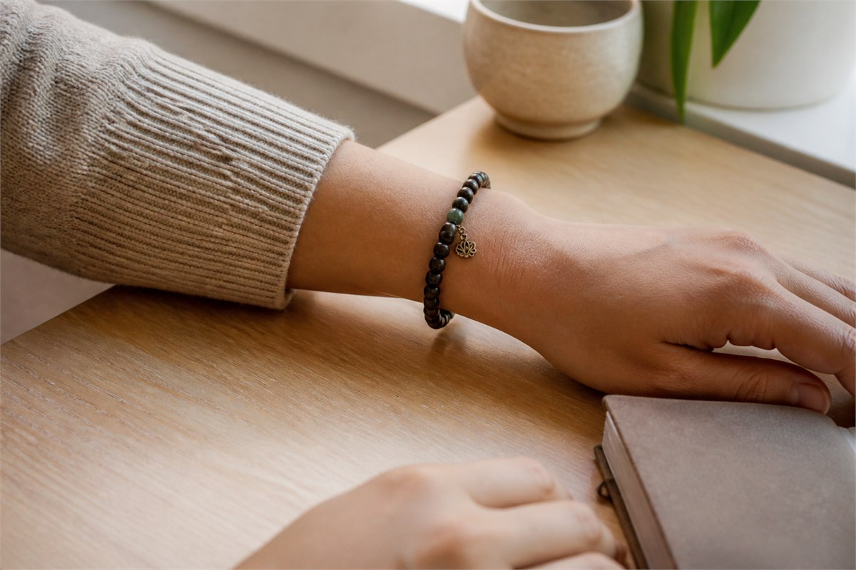 Person wearing a wood and green bead bracelet comfortably at a desk