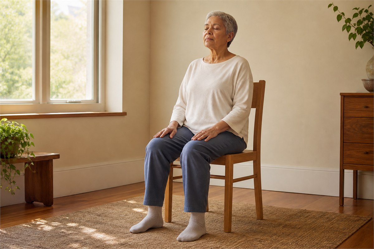 Older adult meditating on a chair in relaxed clothing with both feet supported on the floor