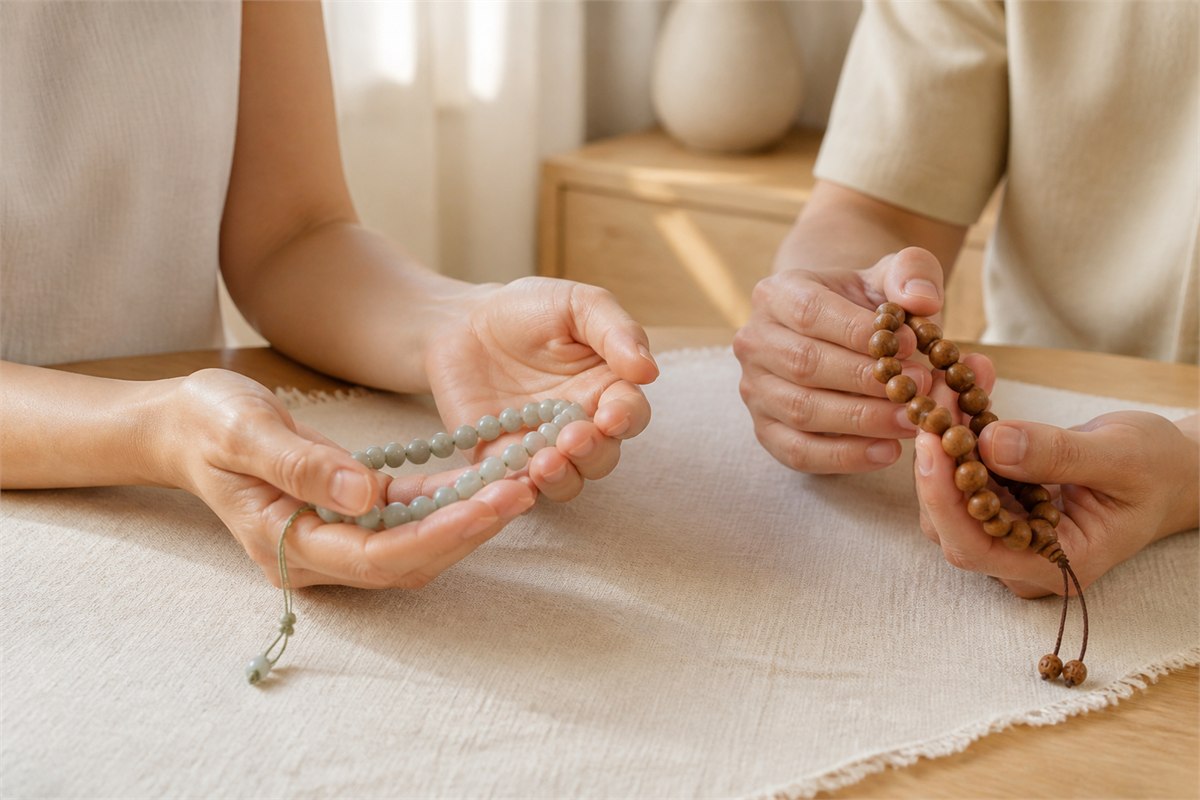 Two adults holding pale stone and wooden bead strands in different relaxed natural grips
