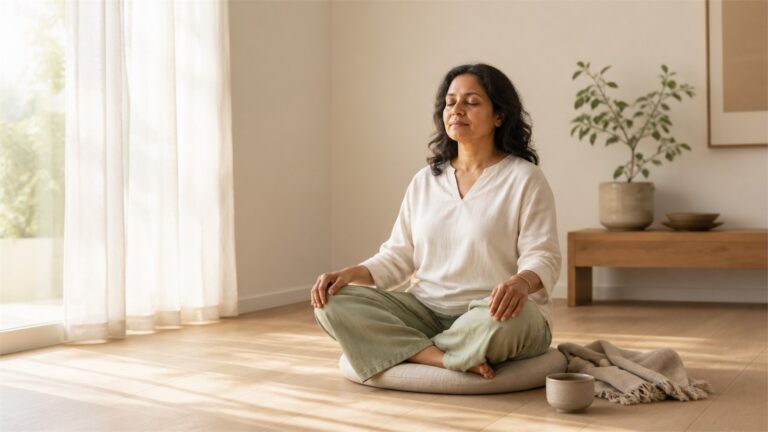 Adult seated on a cushion in relaxed ivory and sage meditation clothing beside a folded shawl