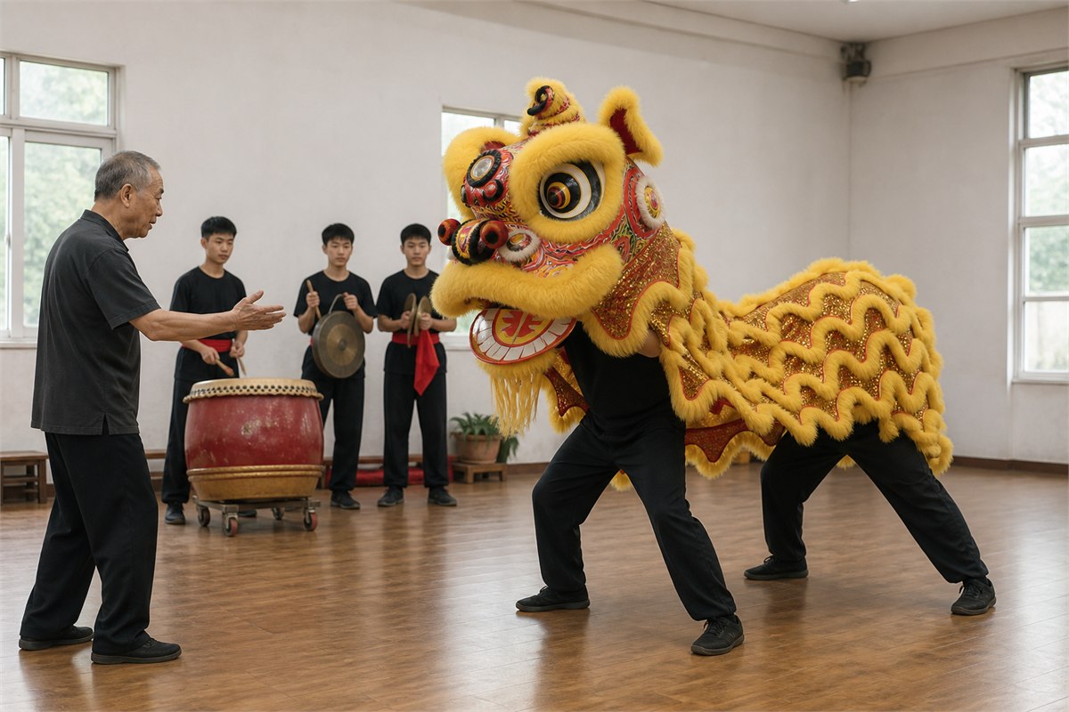 Two lion dance performers rehearsing as an older instructor and percussion musicians guide the session
