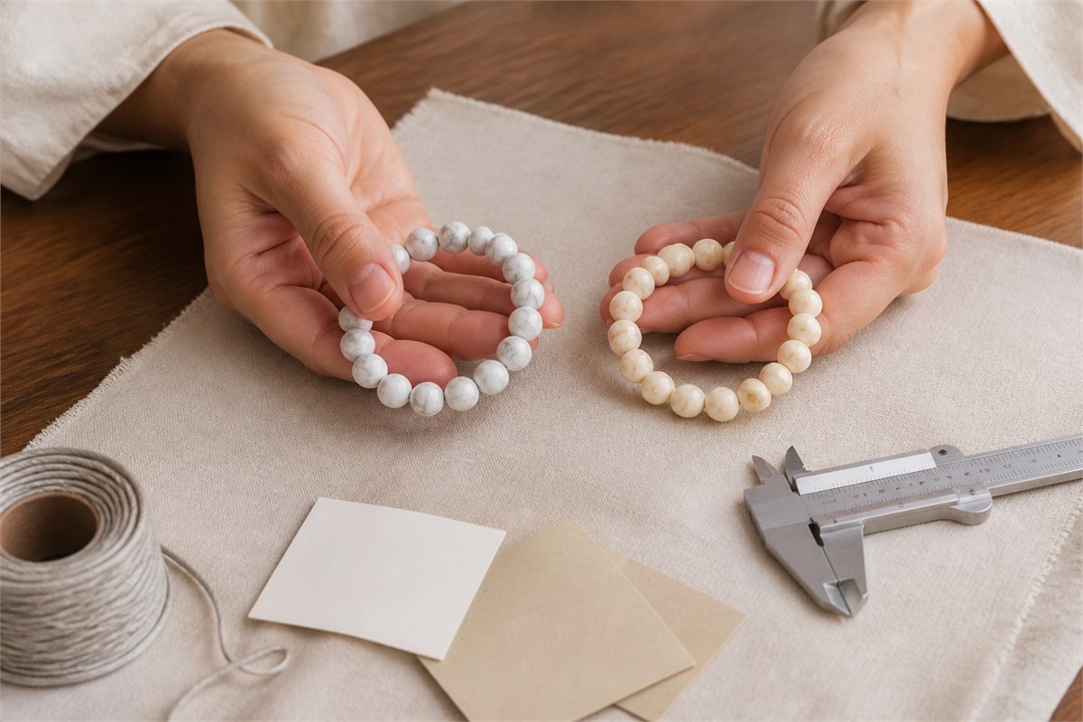 Hands comparing two white stone bracelets with different colors and patterns