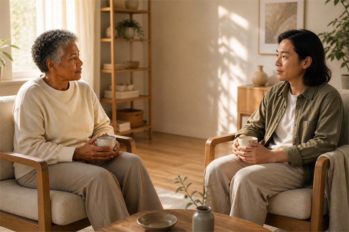 Two adults having a calm conversation across a light wooden table
