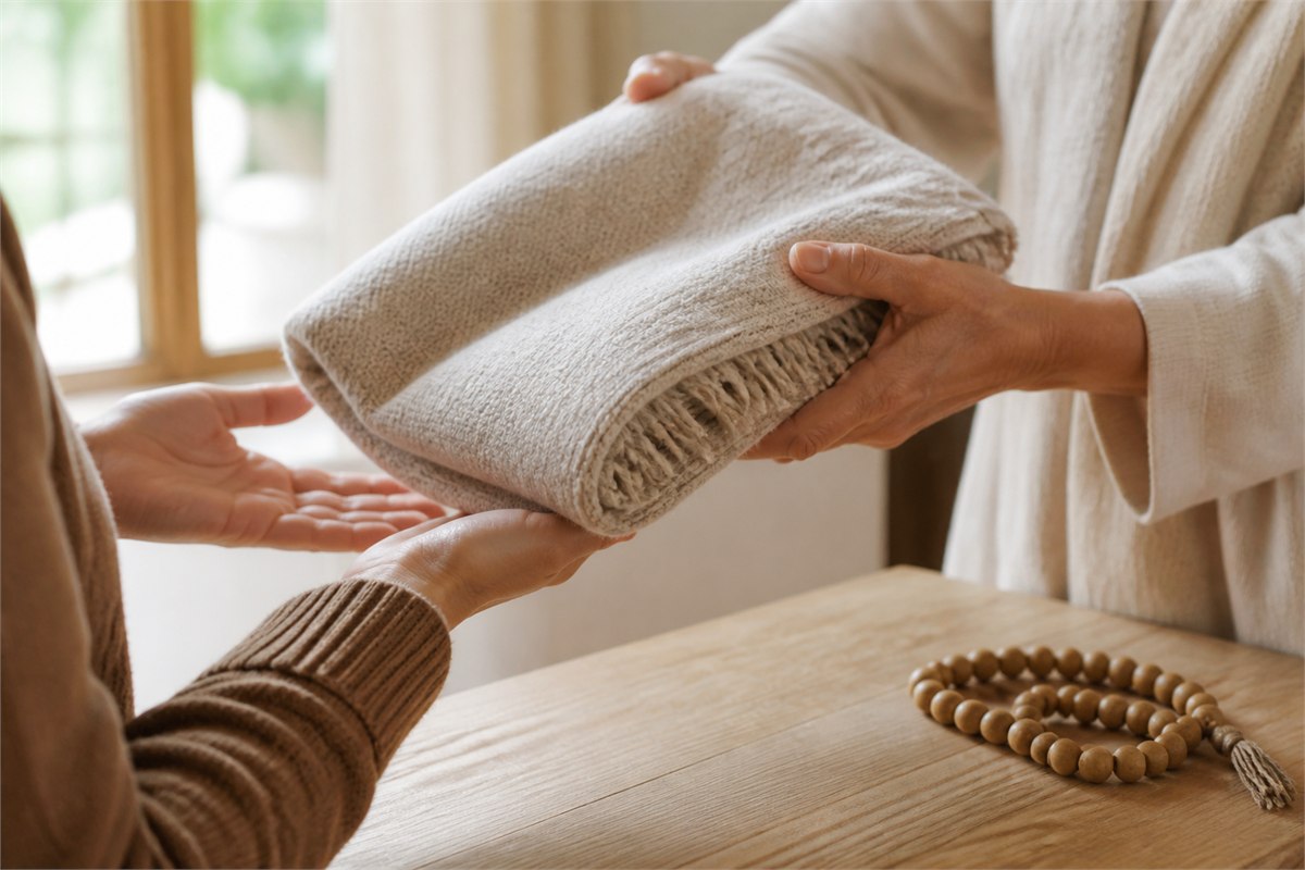 Hands gently offering a folded neutral wool shawl beside wooden beads