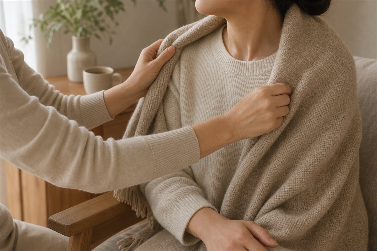 One person gently placing a warm neutral shawl around another person’s shoulders
