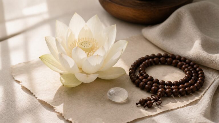 Ivory lotus, wooden mala beads, and a clear polished stone on warm handmade paper