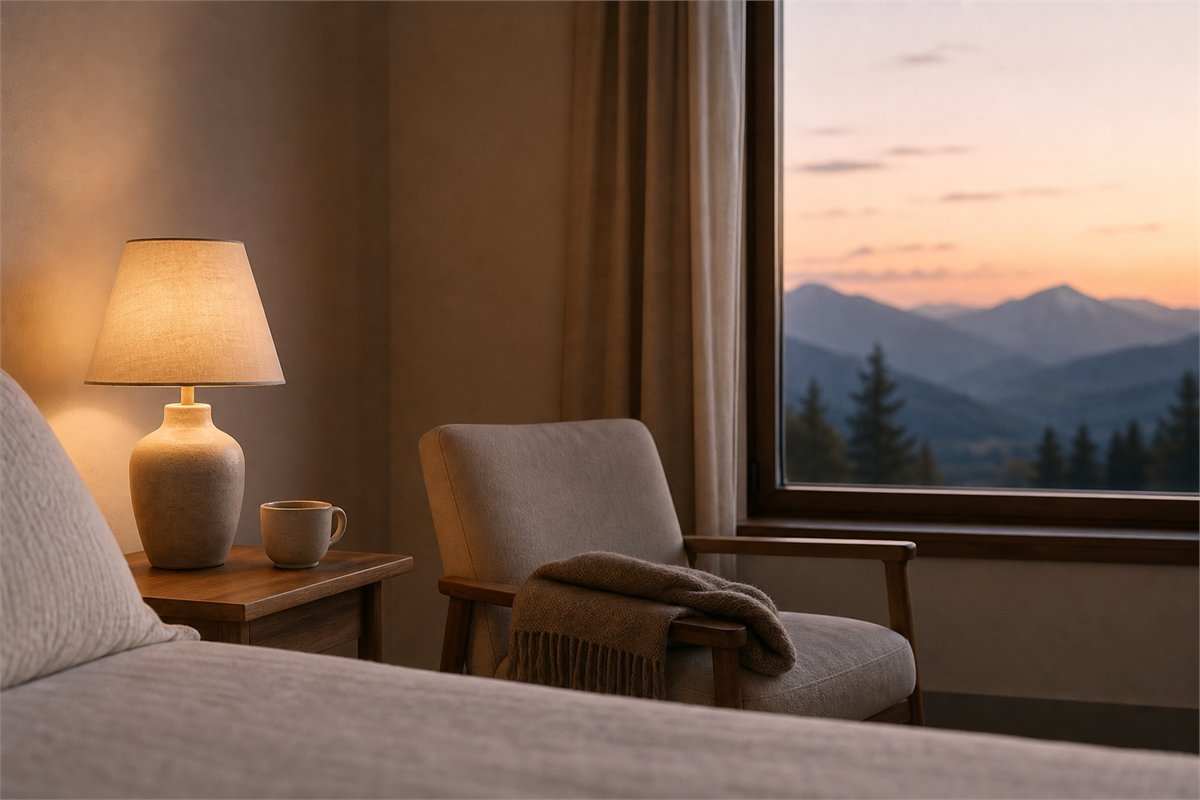 Empty bedside chair with folded wool shawl, ceramic cup, shaded lamp, and mountain view at dusk